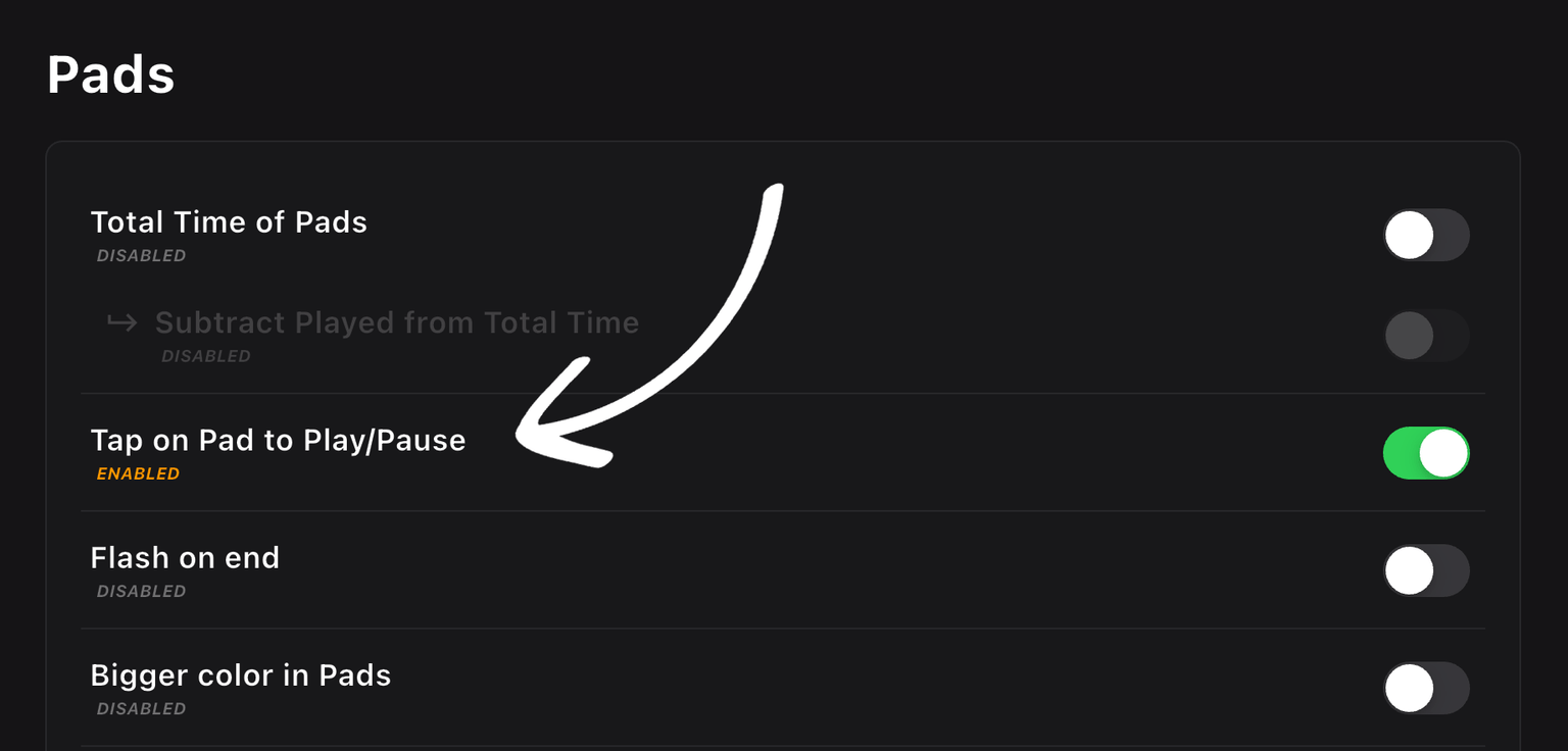 Tap on Pad to Play Pause Setting
