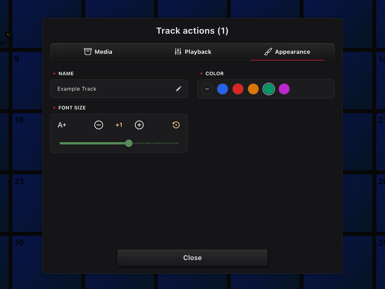 Track Actions Appearance page