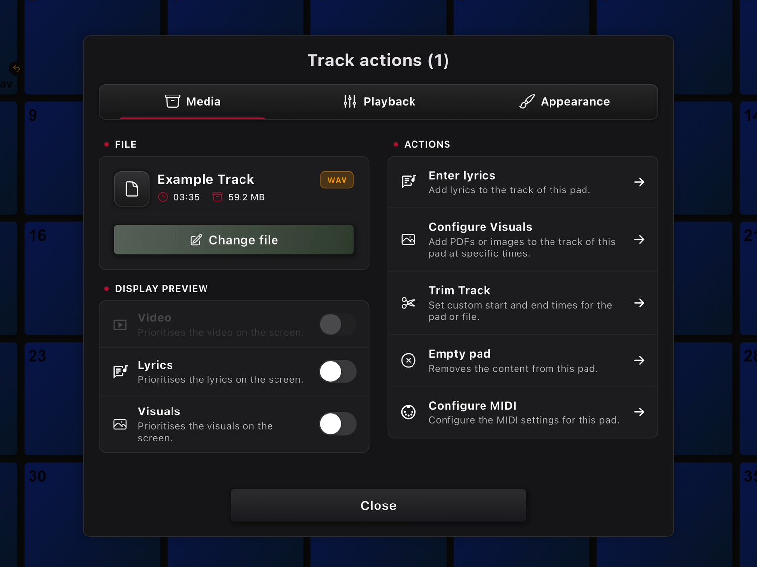 Track Actions Media page