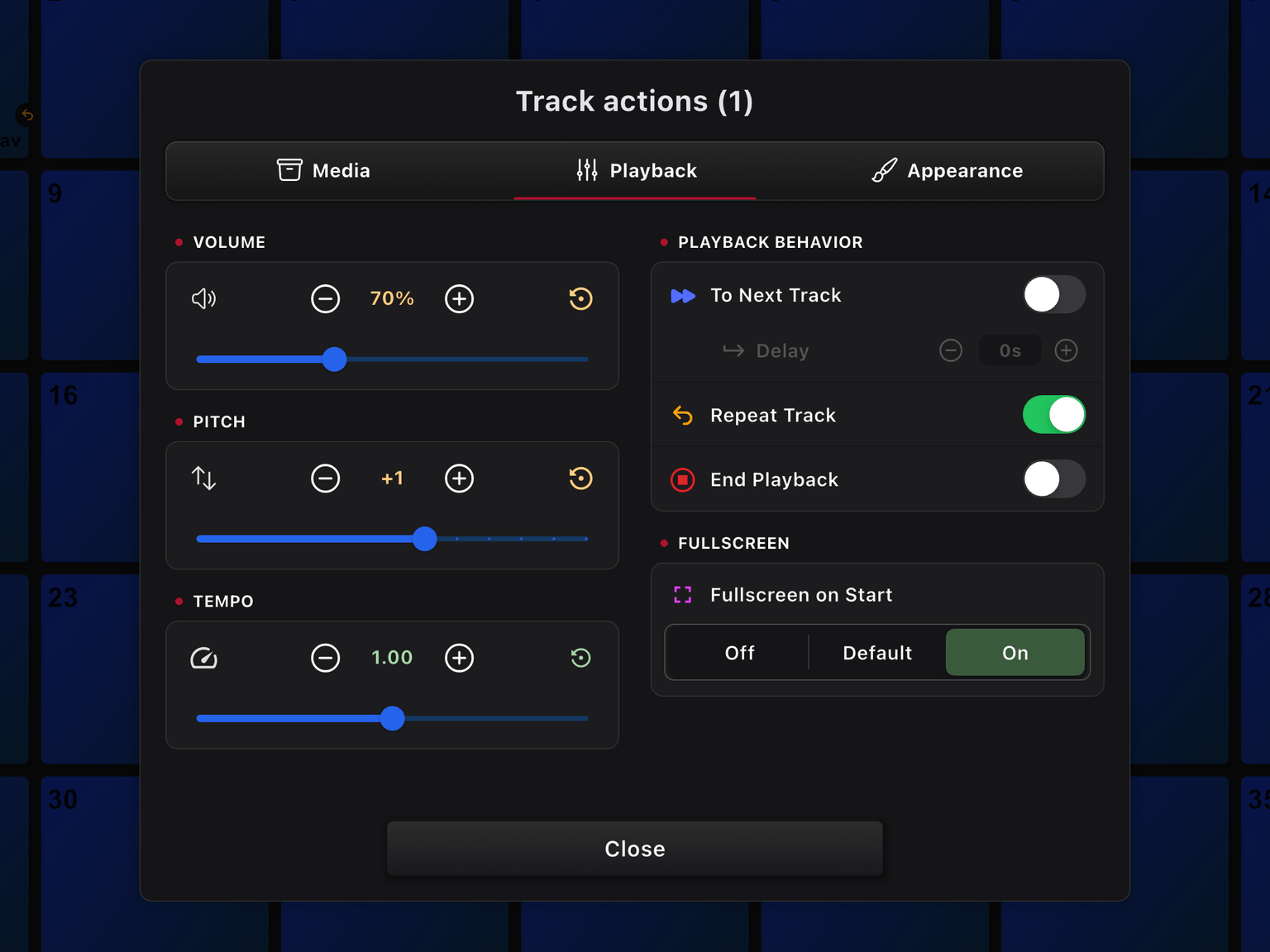 Track Actions Playback page